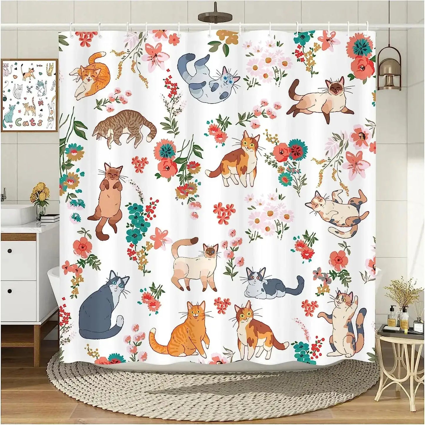 Funny Cats Shower Curtains Cute Animal Floral Bath Curtain Modern Waterproof Polyester Cloth Home Bathroom Decoration With Hooks from PriceLows™