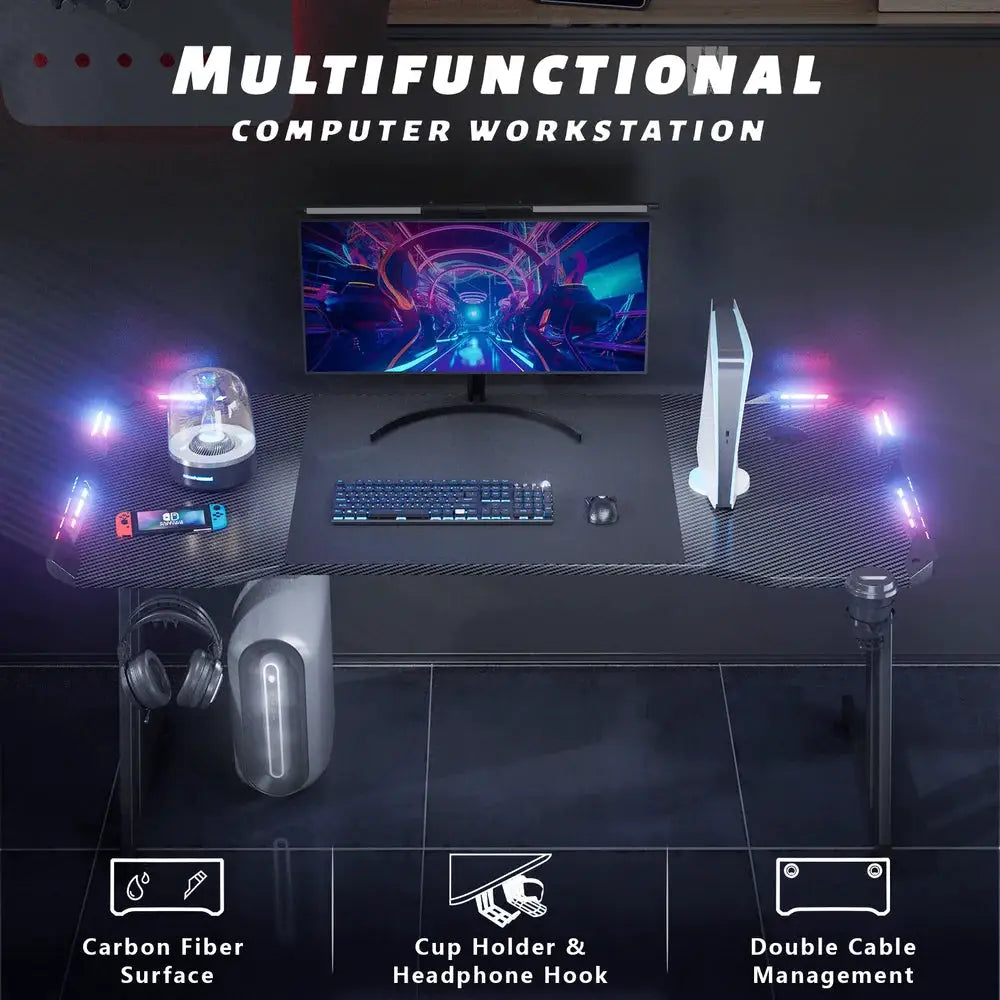 Gaming Desk With LED Lights Carbon Fibre Surface Gaming Table Large Computer Desk Ergonomic Home Office Desks Z Shaped PC Gamer from PriceLows™