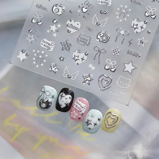 1pc 5D Metallic Silver Nail Stickers Stars Bow Love Heart Back Adhesive Nail Art Sticker DIY Cute Nails Decorations Decals Parts from PriceLows™