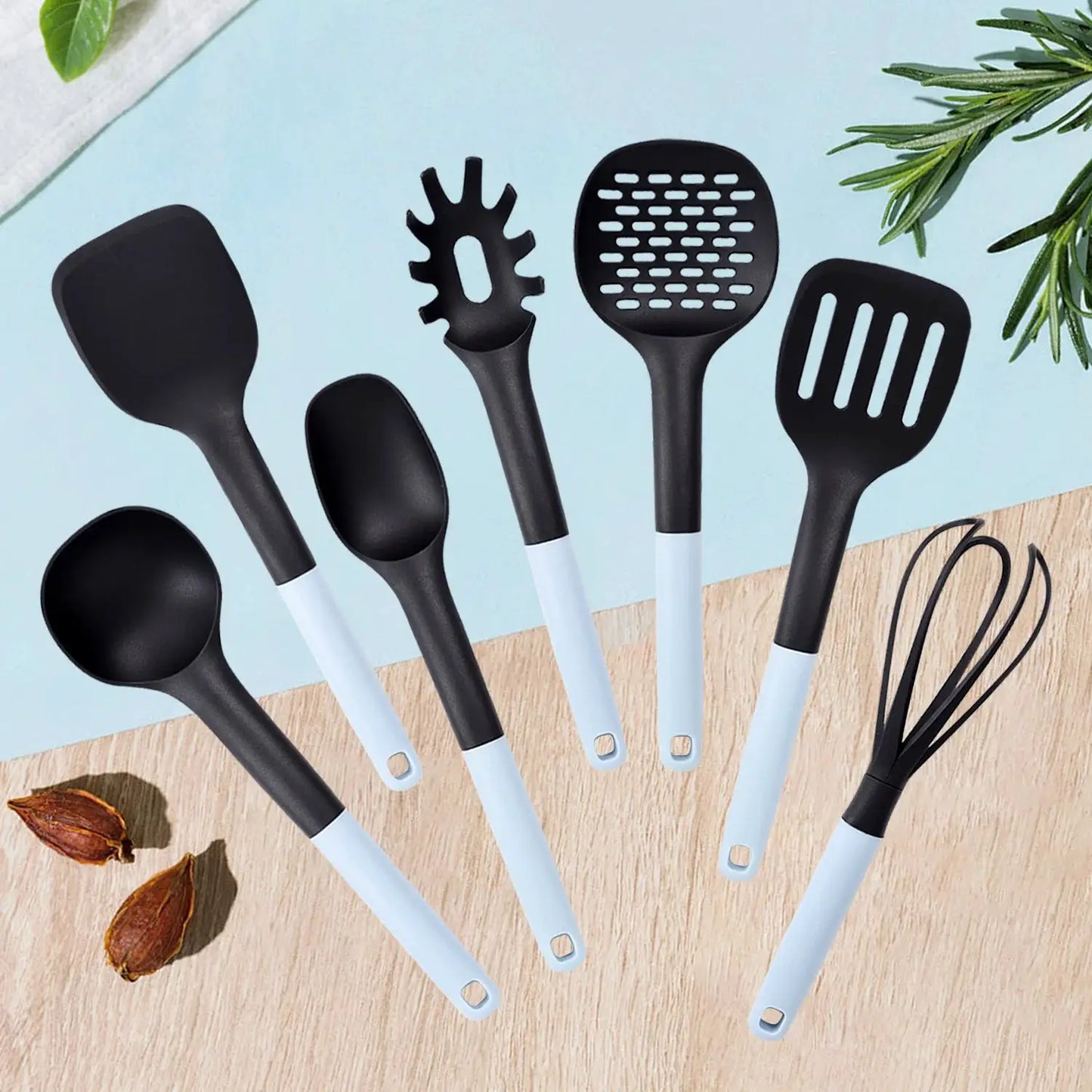 7-Piece Silicone Kitchen Utensil Set Non-Stick Cooking Tools with Heat Resistant Beechwood Handle for Baking & Cooking Spatula from PriceLows™