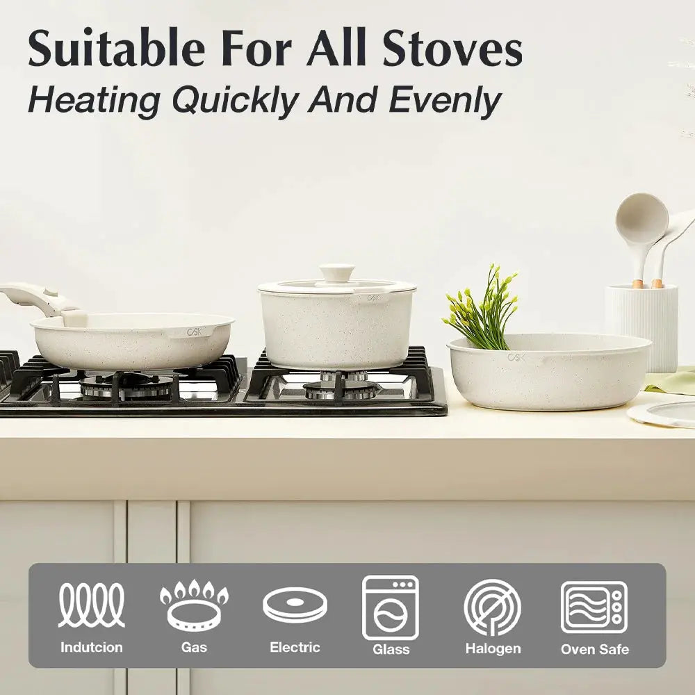 17 Piece Nonstick Skillet and Saucepan Set with Silicone Lid and Utensils Induction, Detachable Handle, Oven Available, Beige from PriceLows™