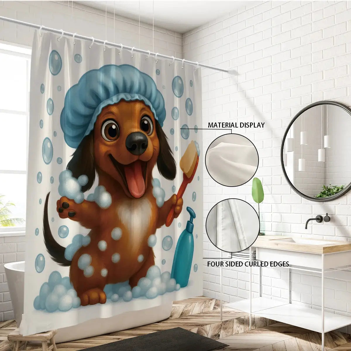 1pc Cute Bathing Sausage Dog Printe Shower Partition Privacy Hanging Curtain with 12 Hooks Multiple Sizes Easy Installation from PriceLows™