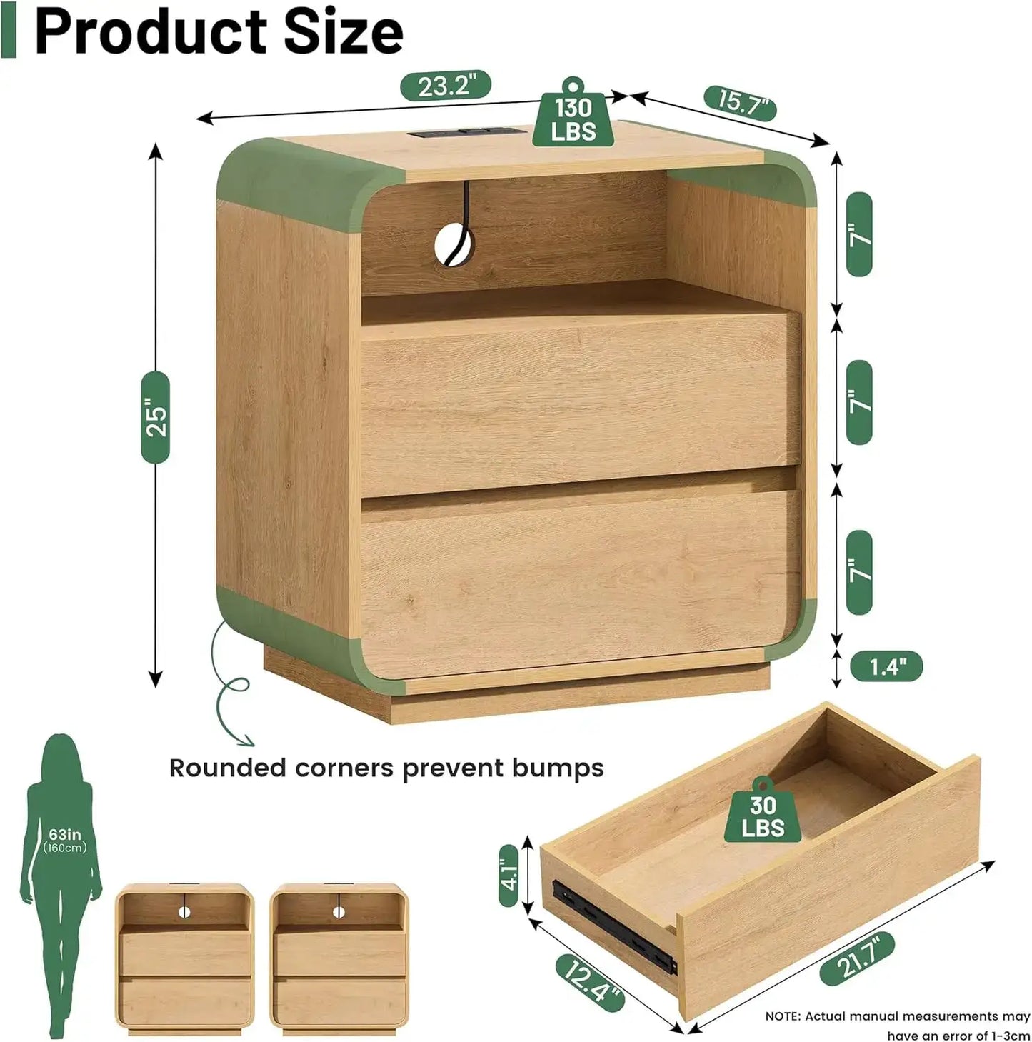 Curved Night Stand Set of 2, 23.2" Large Wood Farmhouse Nightstand with Charging Station & 2 Storage Drawers Bedside Table, Modern End Table for Bedroom, Living Room, Natural from PriceLows™