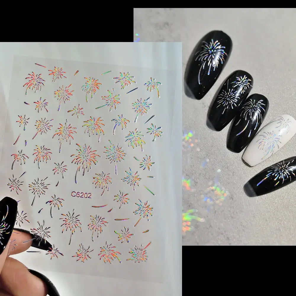 1PC Laser Fire work Nail Stickers 3D Self-Adhesive Blooming Fire-work Nail Decals New Year Firework Design Nail Slider 10*8cm from PriceLows™