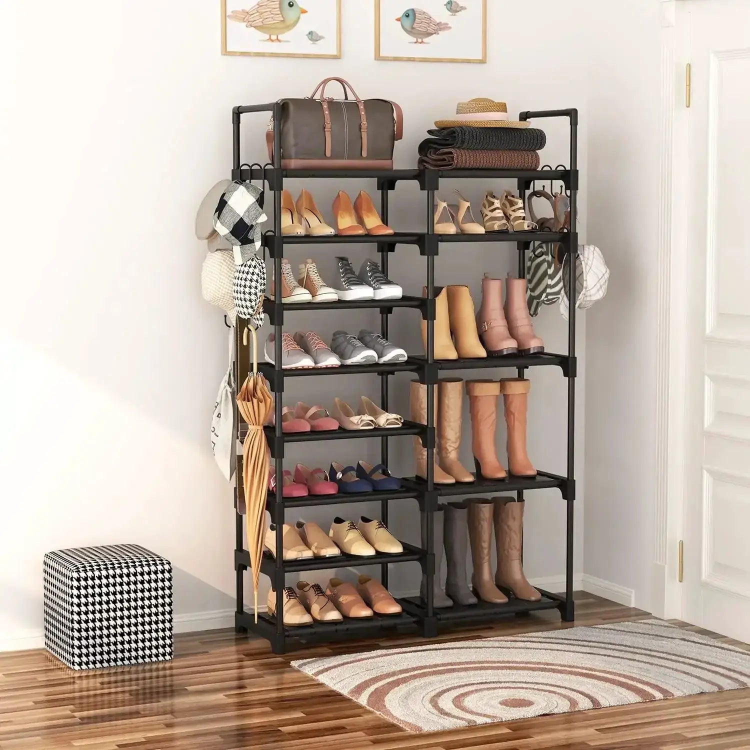 8-Tier Metal Shoe Rack Organizer, 26-32 Pairs Large Capacity Storage, Stackable Shoe Stand with 15 Hooks for Closet Entryway from PriceLows™