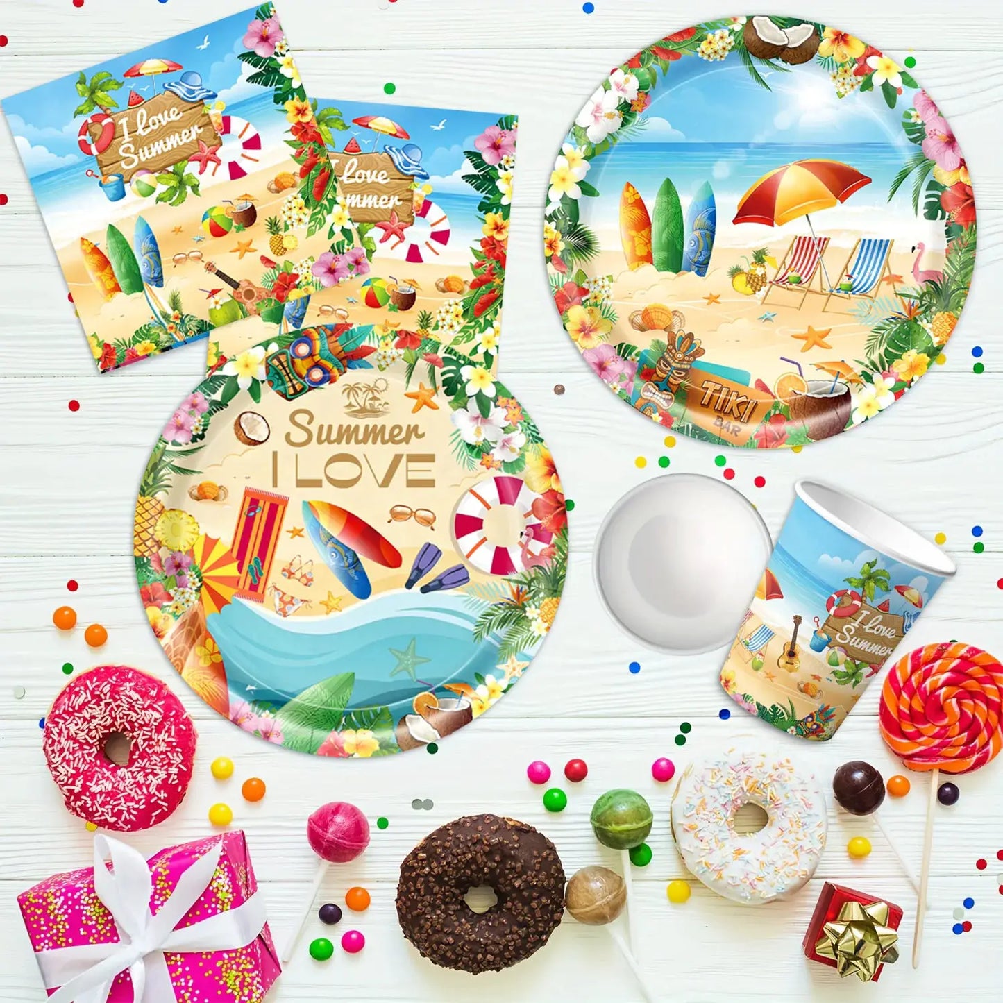 Summer Beach Party Tableware Set | Paper Plates Cups Napkins With Tablecloth