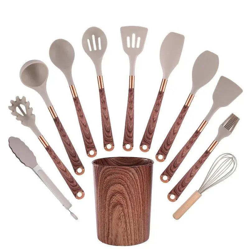 Silicone Wood Grain Kitchenware 11-piece Set Non-stick Pan, Spoon Set, Anti-scalding Wood Grain Handle Cooking Utensils from PriceLows™