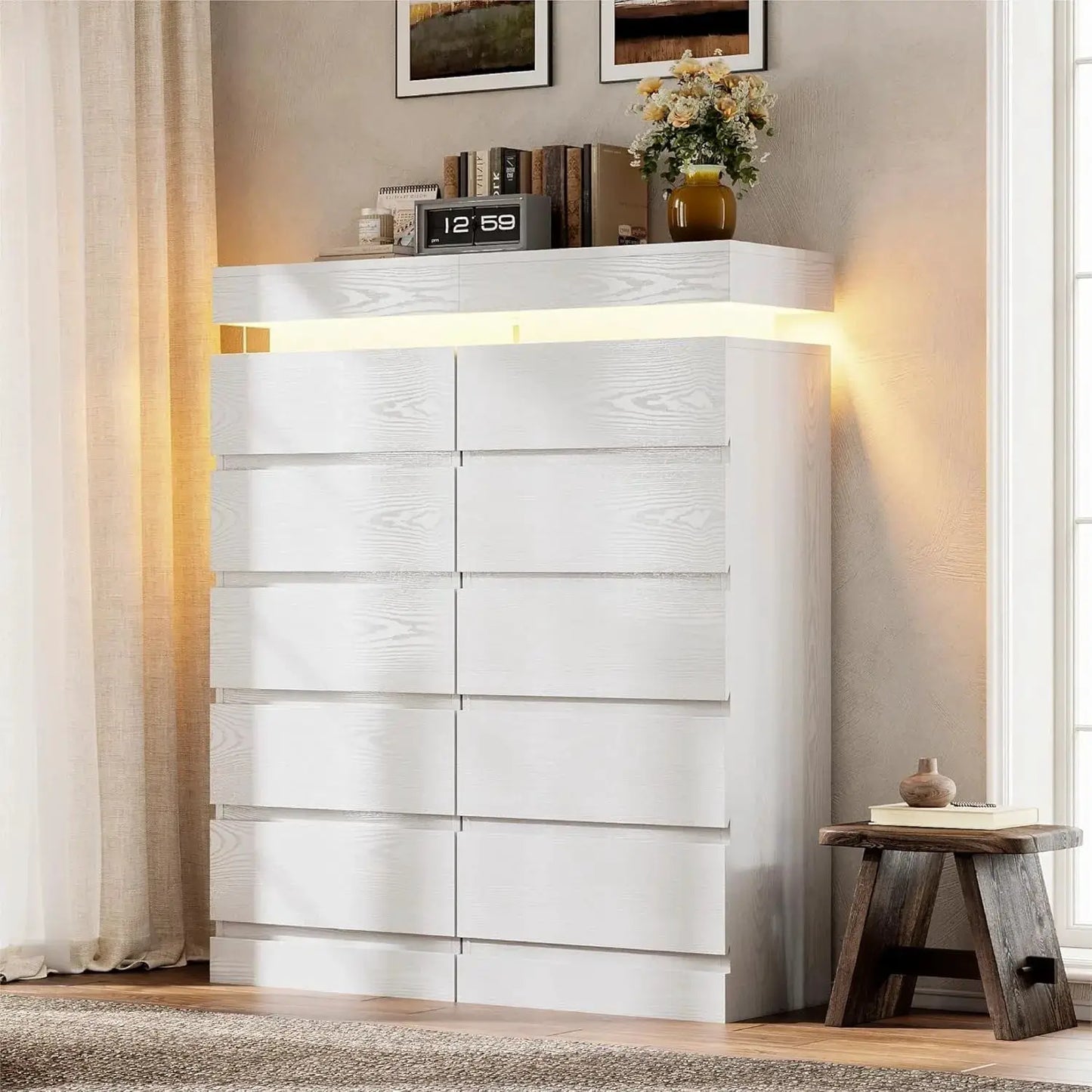 Dresser | LED Lighting | Power Outlet | 54 Inch 5 Drawer Wooden Chest