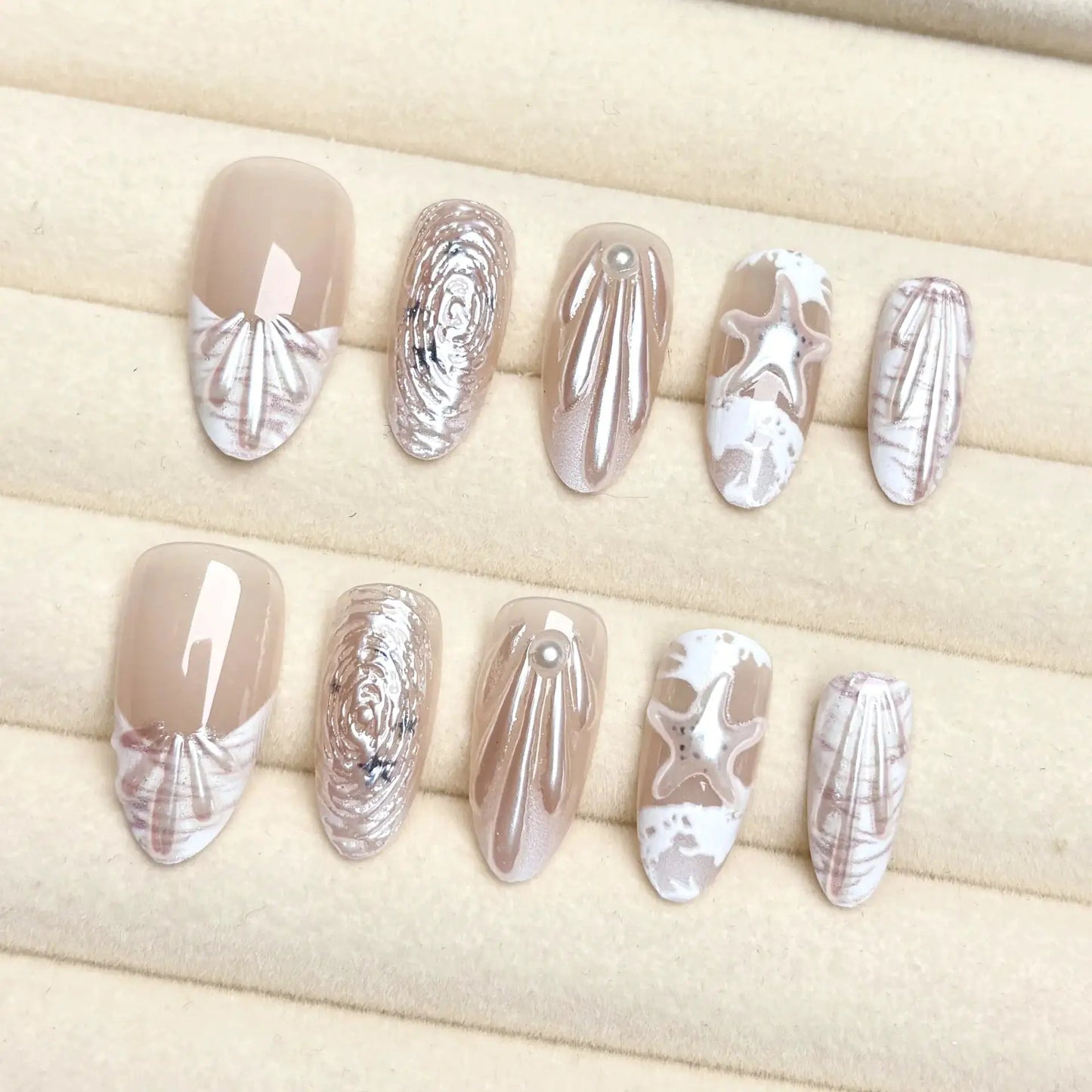 Press On Nails | 3D Seashell Design | Almond Shape | 24 Piece Set