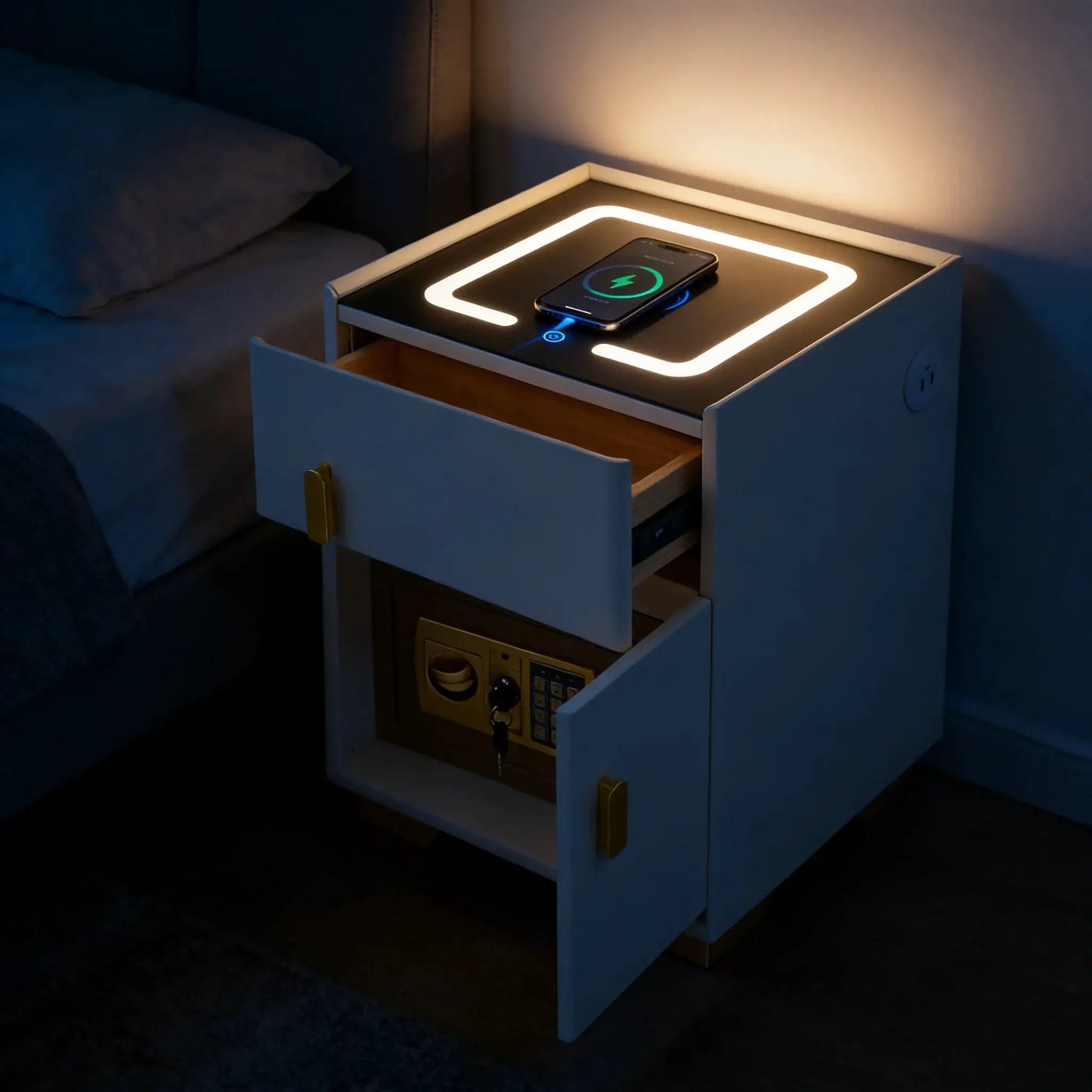 Smart Nightstand w/ Drawer & Safe Wireless Charging Nightstand Solid Wood Night Stand w/ 2 Drawers LED Bedside Tables for Bedroo from PriceLows™