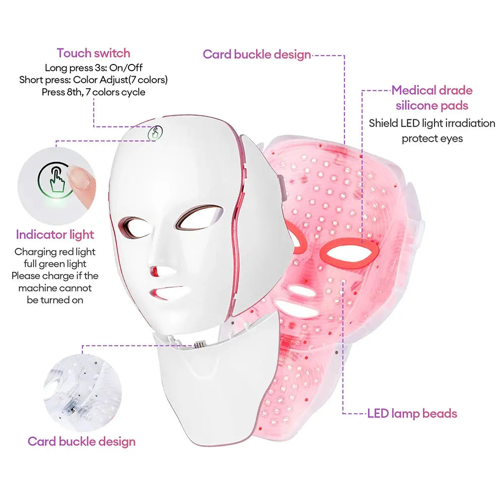 7 Colors LED Facial Mask with Neck LED Light Photon Mask Skin Rejuvenation Anti Acne Beauty Device Face Lifting Firm Massager from PriceLows™