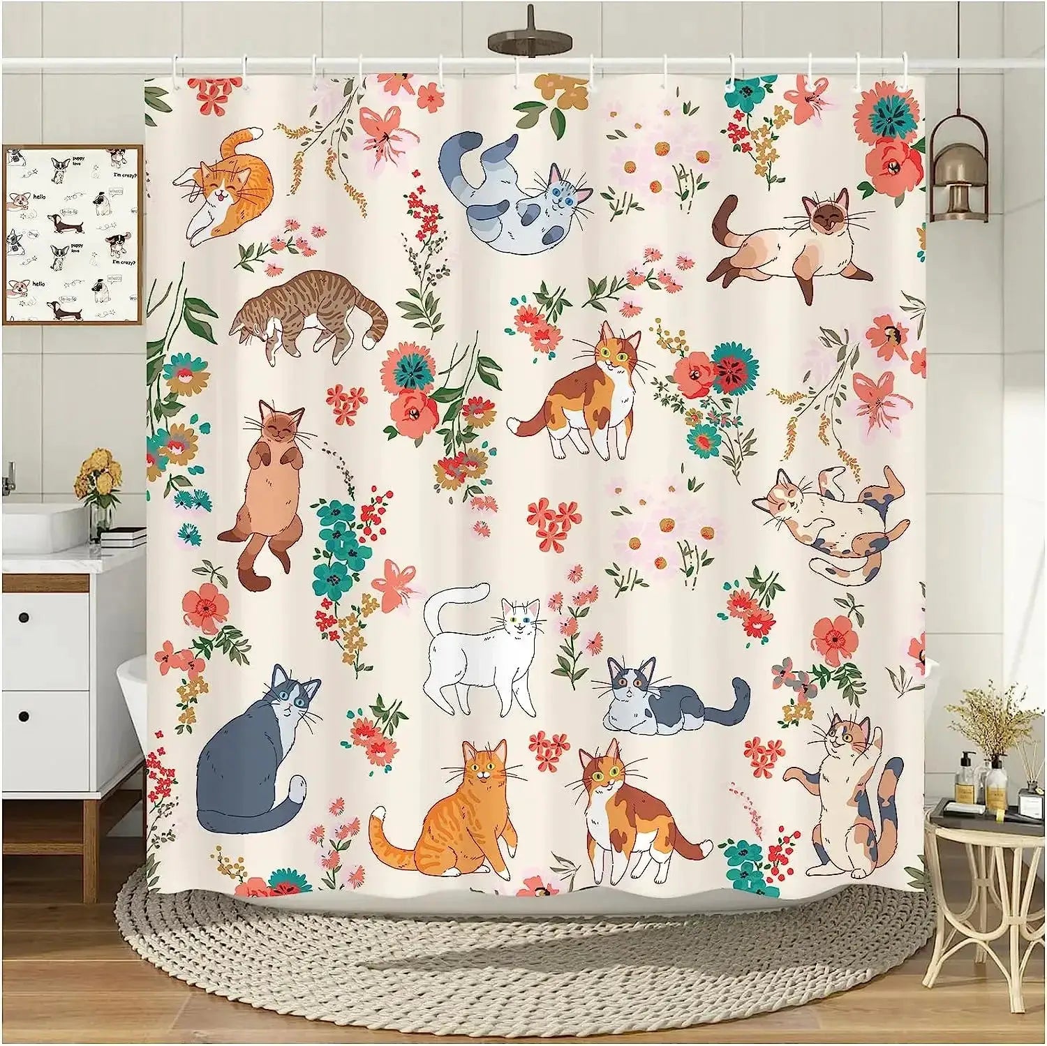 Funny Cats Shower Curtains Cute Animal Floral Bath Curtain Modern Waterproof Polyester Cloth Home Bathroom Decoration With Hooks from PriceLows™