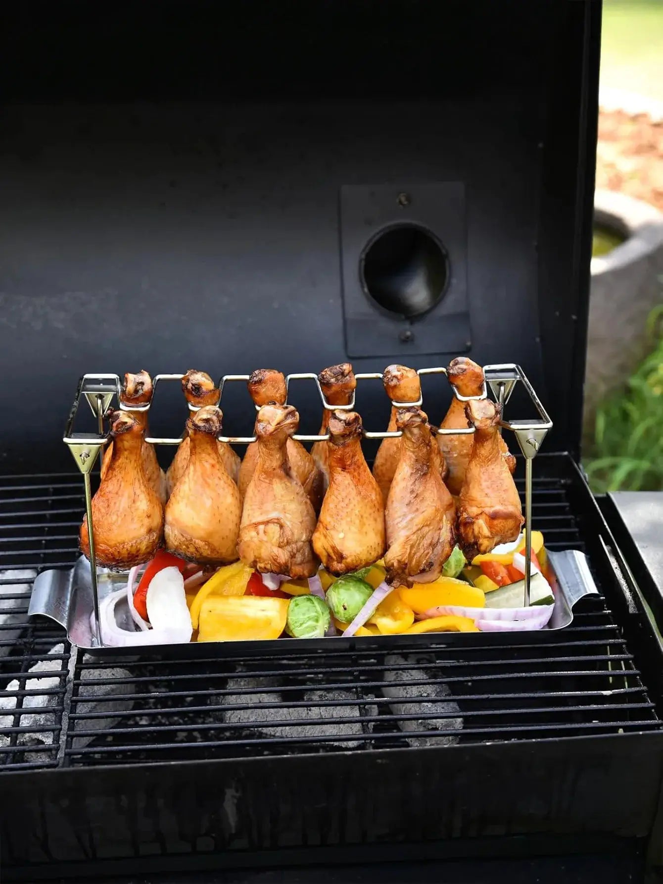 Chicken Leg Rack For Grill | 14 Slots | Stainless Steel | Drip Tray Included