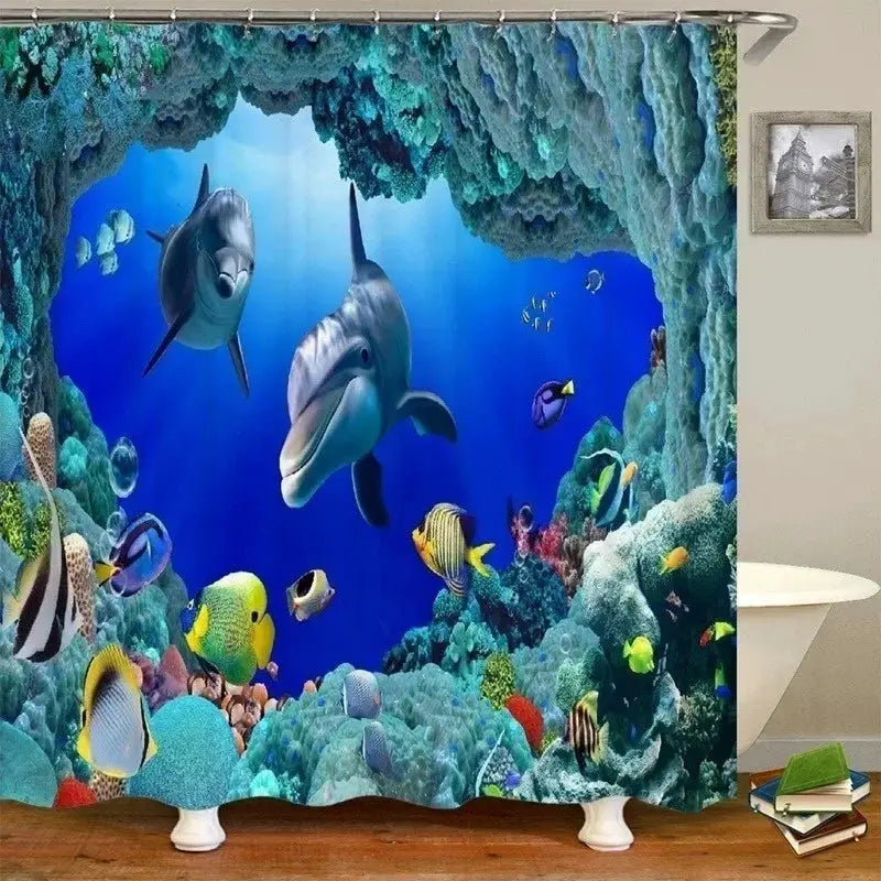 Dolphin Shower Curtain Sea Theme Shower Curtain Hook Washable Dolphin Waterproof 3D Animals Shower Curtain for Bathroom Decor from PriceLows™