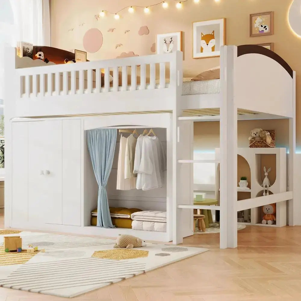 Twin Size Kids Uvellamo Loft Bed with LED Lights, Storage Cabinet, and Wardrobe, Suitable for Boys or Girls, White from PriceLows™