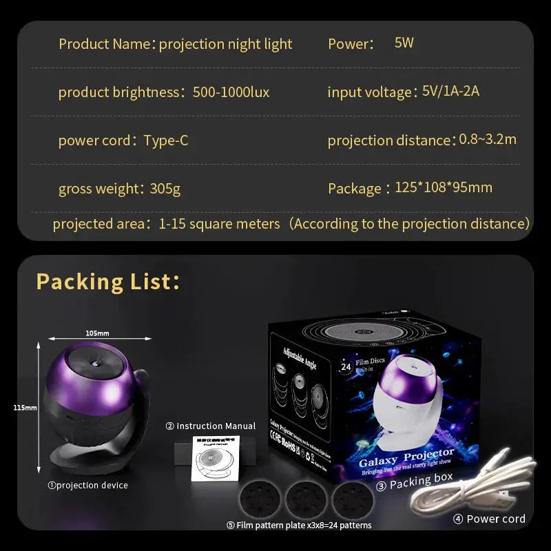 Galaxy Projector | LED Starfield Effect | 24 Scene Modes | Compact Size