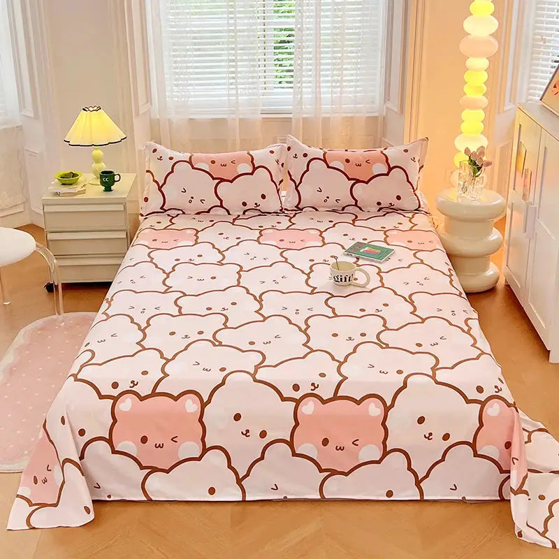 1PC or 3PCS Bed Flat Sheet Pillowcases Bed Cartoon Printed Top Sheets Single/Queen/King Flat Bedsheets Home Bed Linen Sheets from PriceLows™