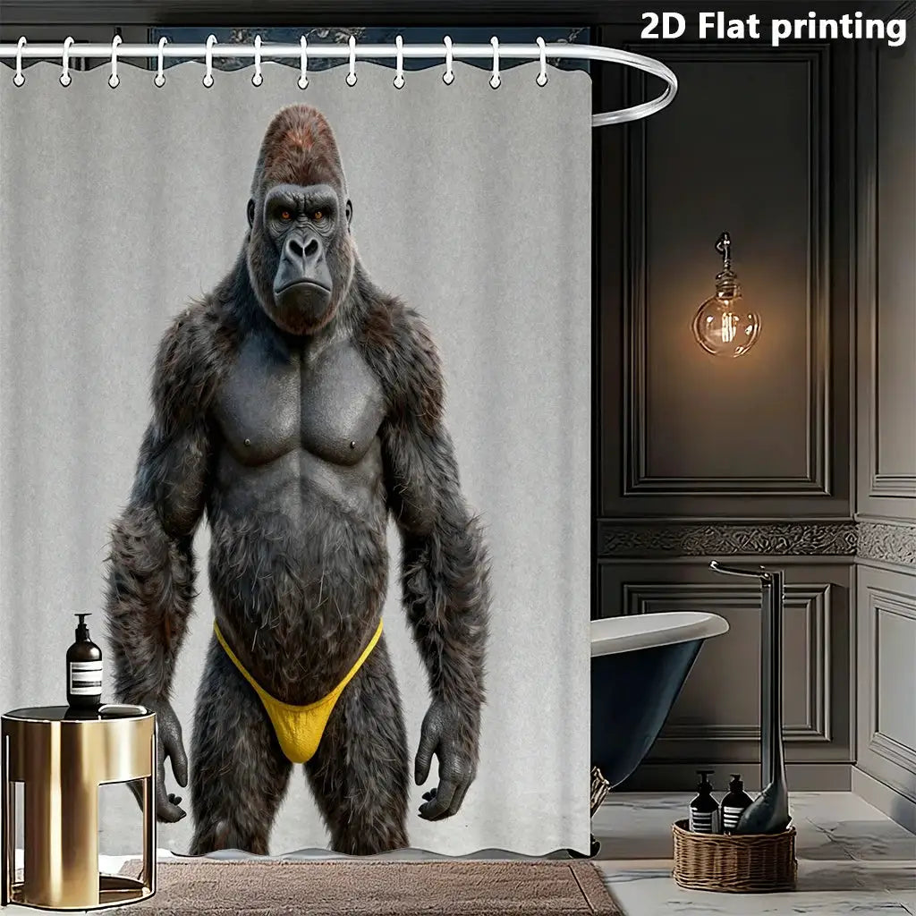 Funny Gorilla Shower Curtain, Strong Ape in Yellow Underwear, Novelty Animal Print Waterproof Bathroom Decor 3D Realistic Design from PriceLows™
