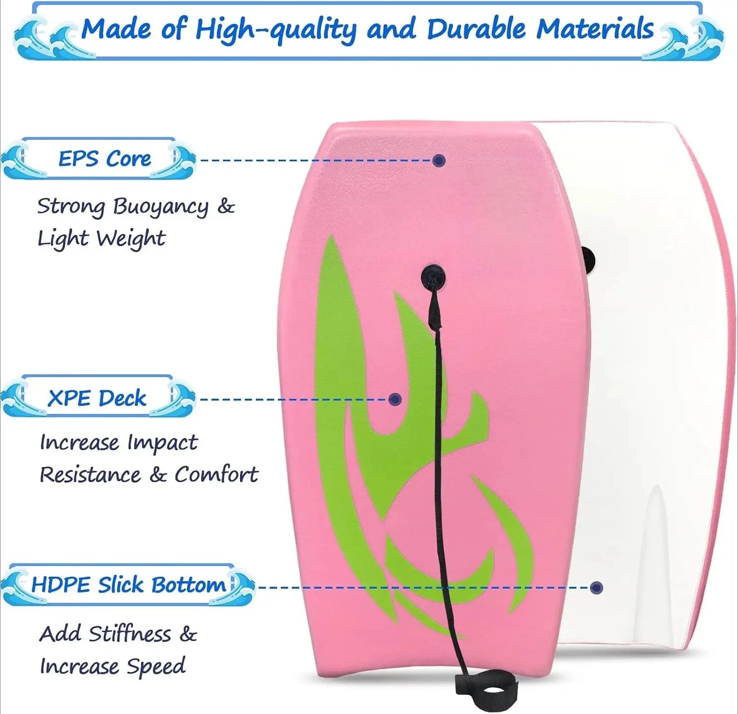 Body Board | EPS Core Lightweight | Anti Slip Surface Wrist Leash | Adults Teens Kids