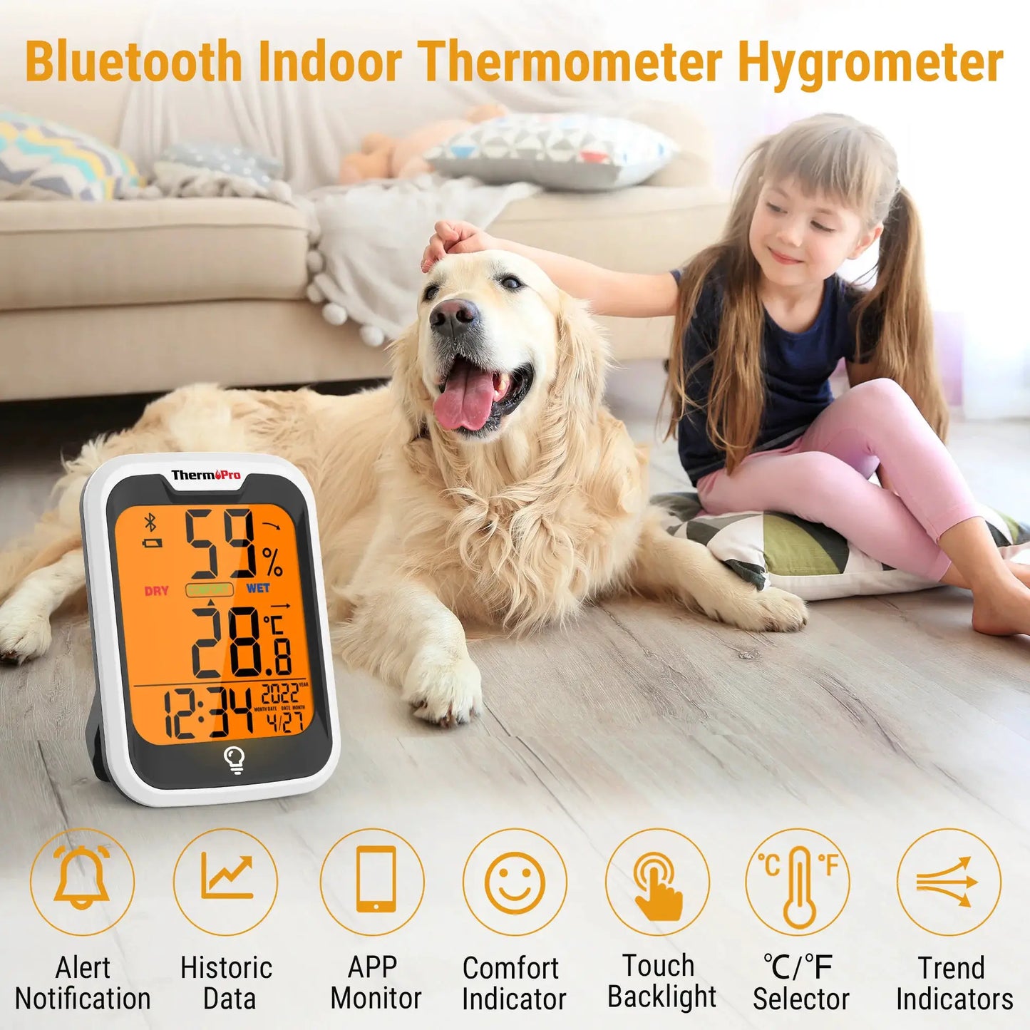 ThermoPro TP358 Backlight Bluetooth-contected APP Digit Weather Station Indoor Thermometer Hygrometer For Home With Clock & Day from PriceLows™
