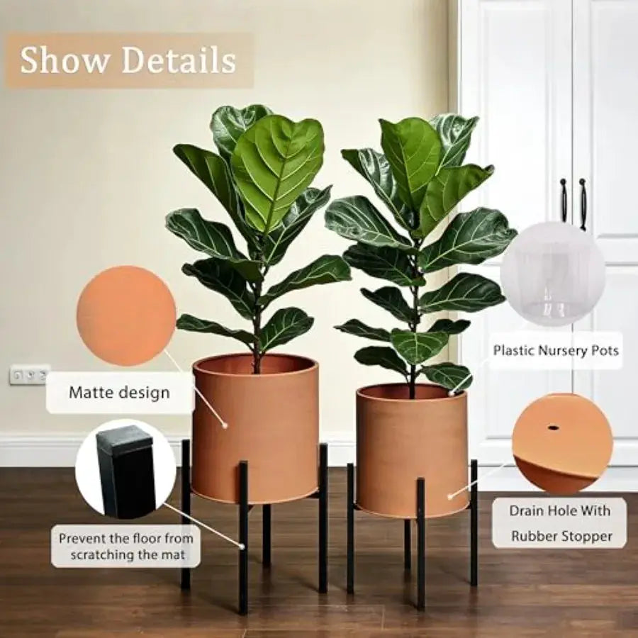 Modern plant pots set of 2 large metal planters with stand for living room office garden or balcony, terracotta color, drainage from PriceLows™
