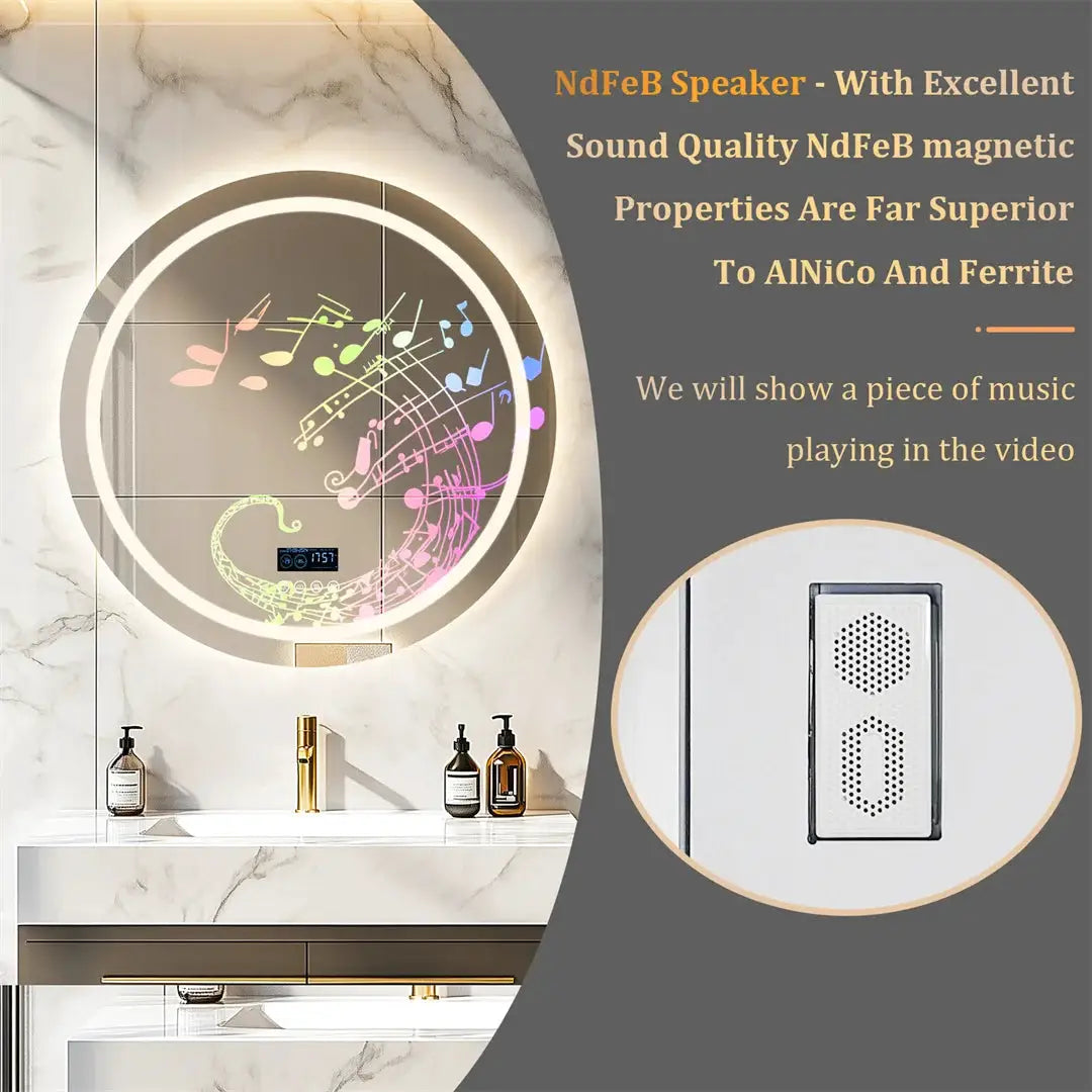 LUVODI Round Bathroom Mirror with Dual Bluetooth Speakers Anti-Fog Lighted Shower Vanity Mirror with Time Weather Display from PriceLows™