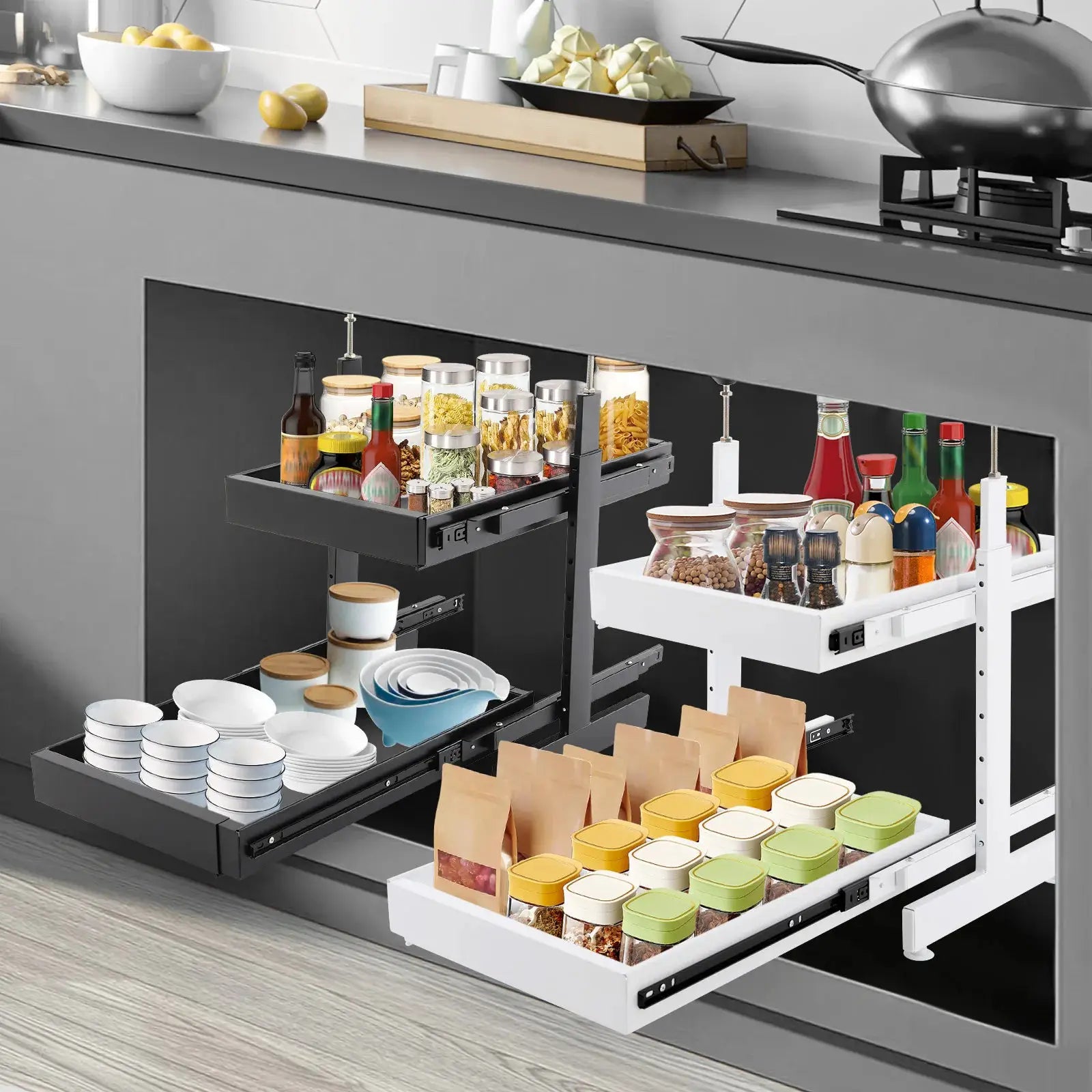 Carbon Steel Expandable Pull out Cabinet 2 -Tiers Organizer Pull Out Drawers for Cabinets Slide Out Cabinet Organizer from PriceLows™