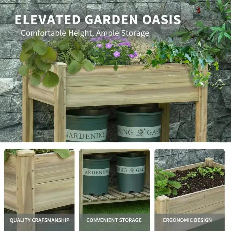 Garden Wooden Planters， Raised Garden Bed with Legs and Storage Shelf Elevated Wooden Planter Box from PriceLows™
