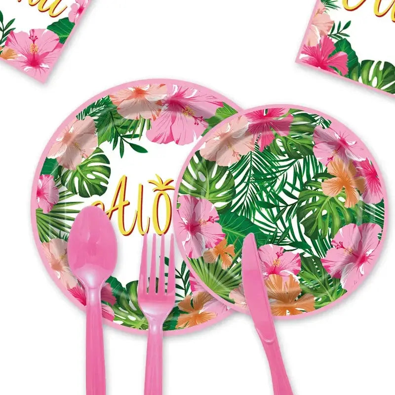 Hawaiian Aloha Tableware Set Summer Party Paper Plates Cups Napkins