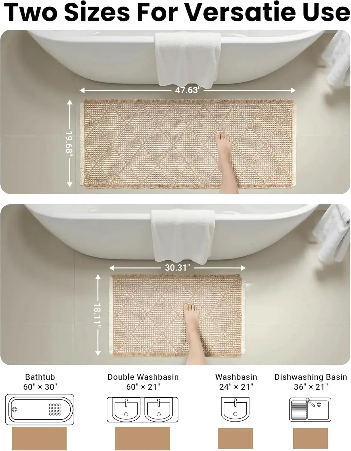 Waffle Bath Mat Set 2 Piece, Non Slip Bathroom Rugs, Ultra Absorbent Machine Washable Floor Mats for Boho Decor, Brown & White from PriceLows™