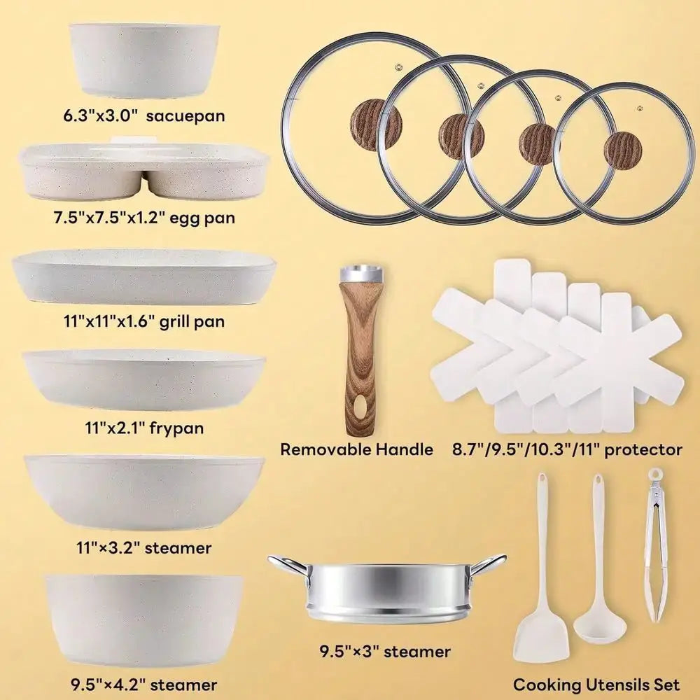 17 Pcs Pots And Pans, Kitchen Cooking Set With StayCool Handles,Kitchen Induction Cookware Suit With Detachable Handle, Beige from PriceLows™