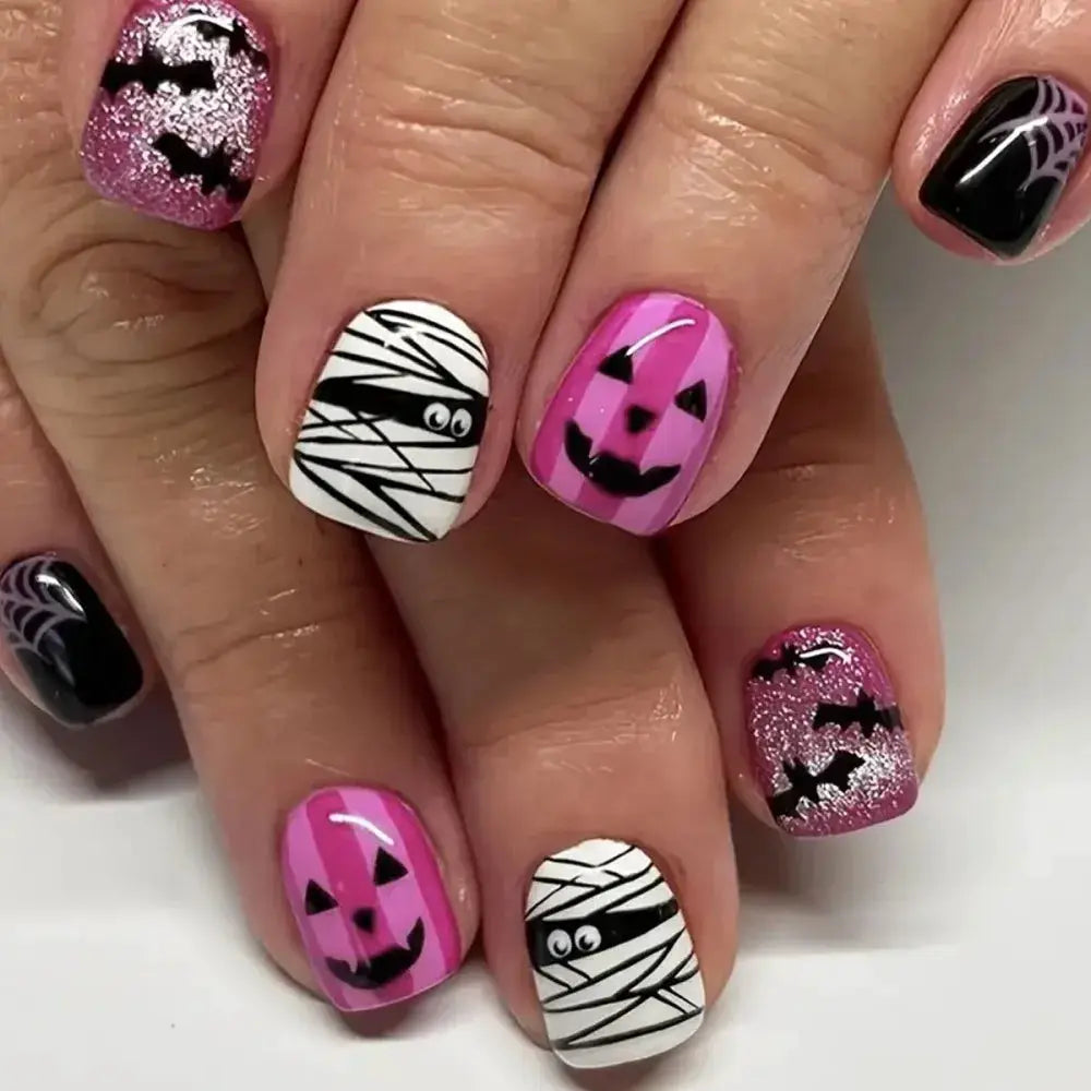 Press On Nails | Short Square | Red French Tip Spider Web | 24 Piece Set