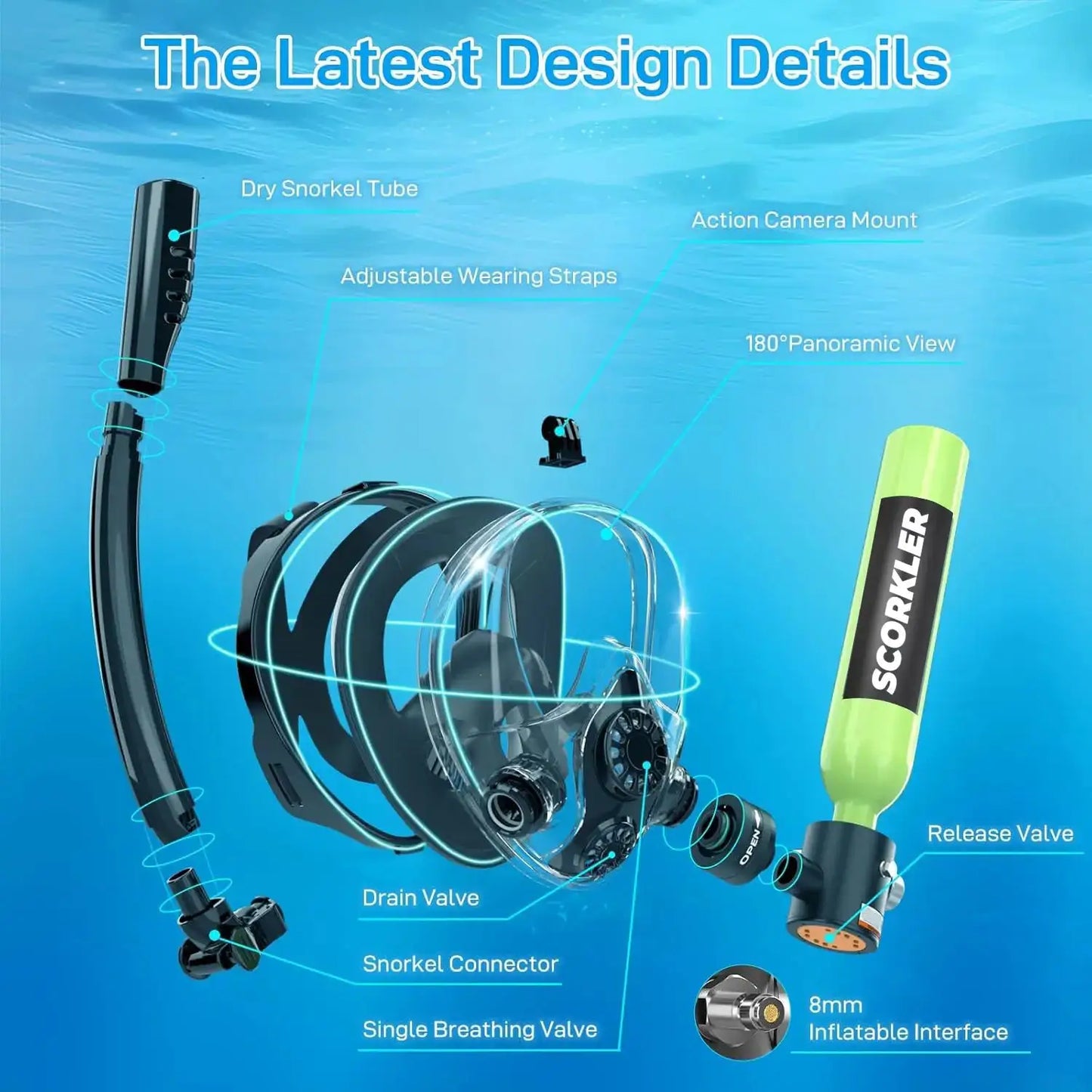 SCORKLER 0.5L Mini Scuba Diving Tank with Snorkeling Full Face Mask And Hand Pump Diving Cylinder Dive Equipment for Adults from PriceLows™