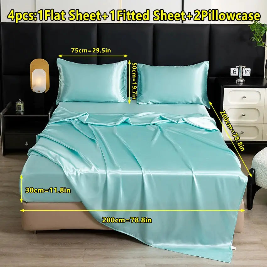 【Mother's Day Gift】4-Piece Set of Solid Color Satin Bed Sheet Set (1 Flat Sheet + 1 Fitted Sheet + 2 Pillowcases), Luxurious and Soft, with a Natural Luster, Skin-Friendly and Breathable Bedding from PriceLows™