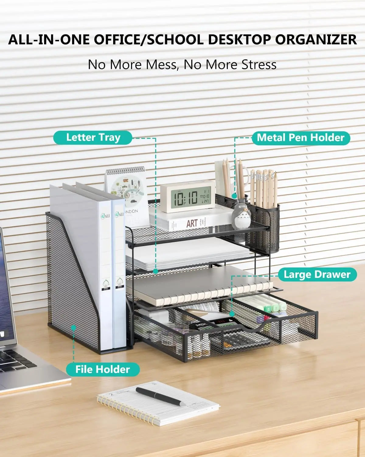 Desk File Organizer | 4-Tier Letter Tray System | Drawer And Pen Holders | Metal