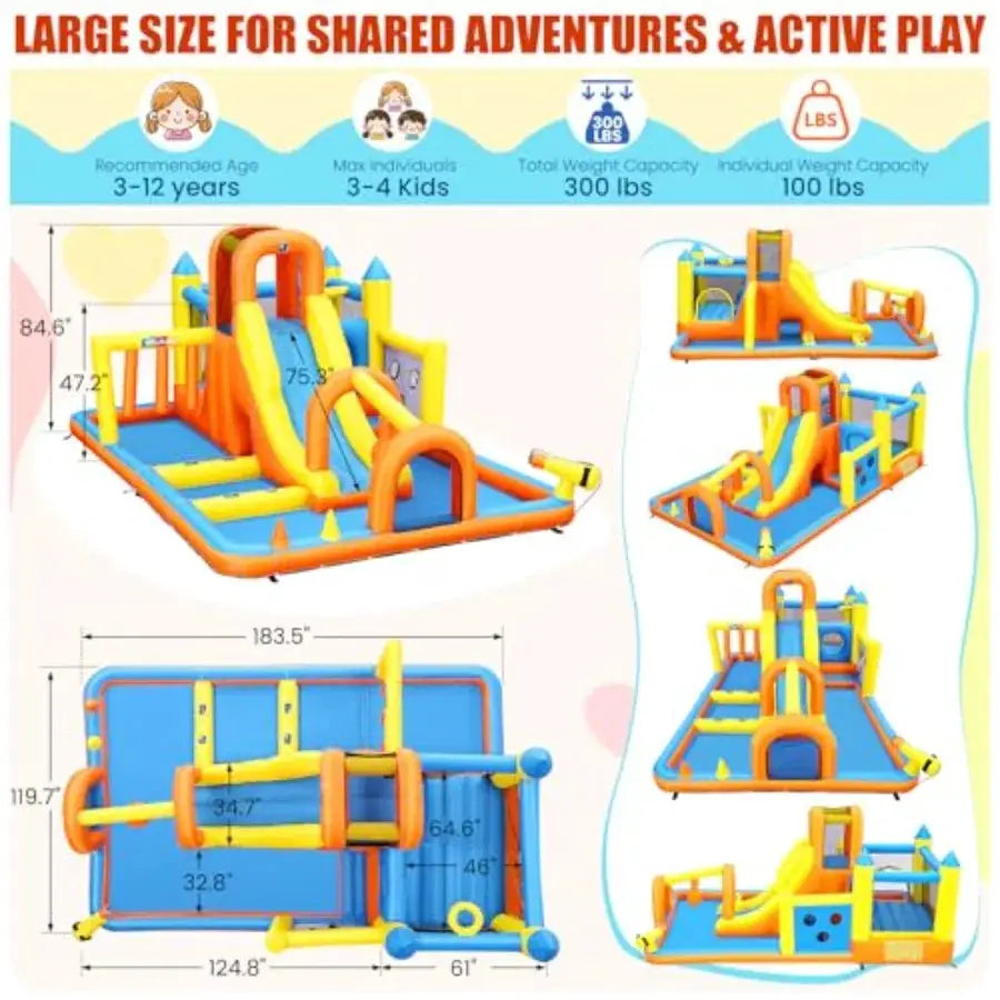Backyard inflatable water slide bounce house for kids 3-12: 15ft mega park with long PVC slide, blue/red color, splash pool, ob from PriceLows™