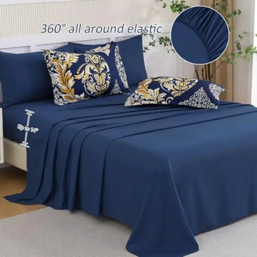 Navy Blue Gold Comforter Set Queen Size 7 Pieces Bohemian Damask Comforter Set Soft Lightweight Microfiber Bedding Set for All from PriceLows™