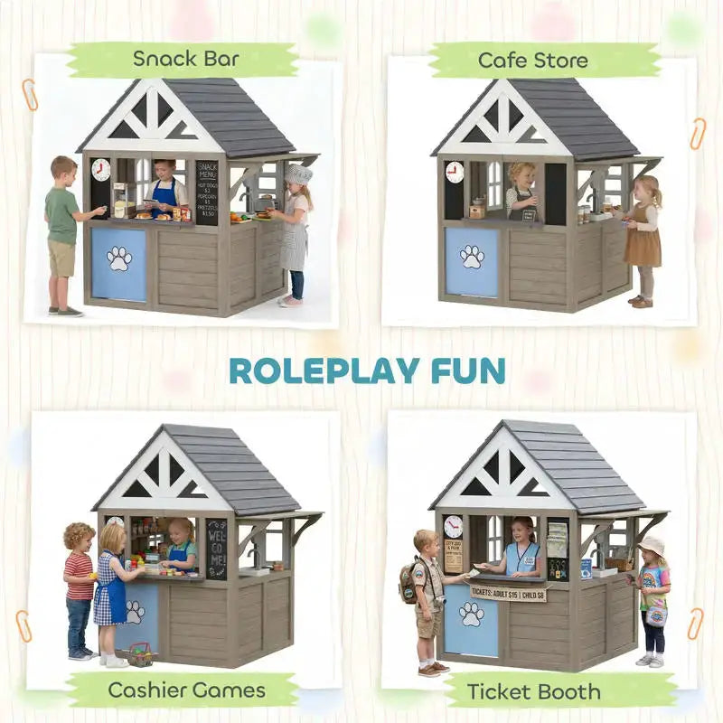 Qaba Outdoor Playhouse, Wooden Kids Playhouse with Dog Door, Flower Box, Cookware & Window for Garden Ages 2+, Gray from PriceLows™