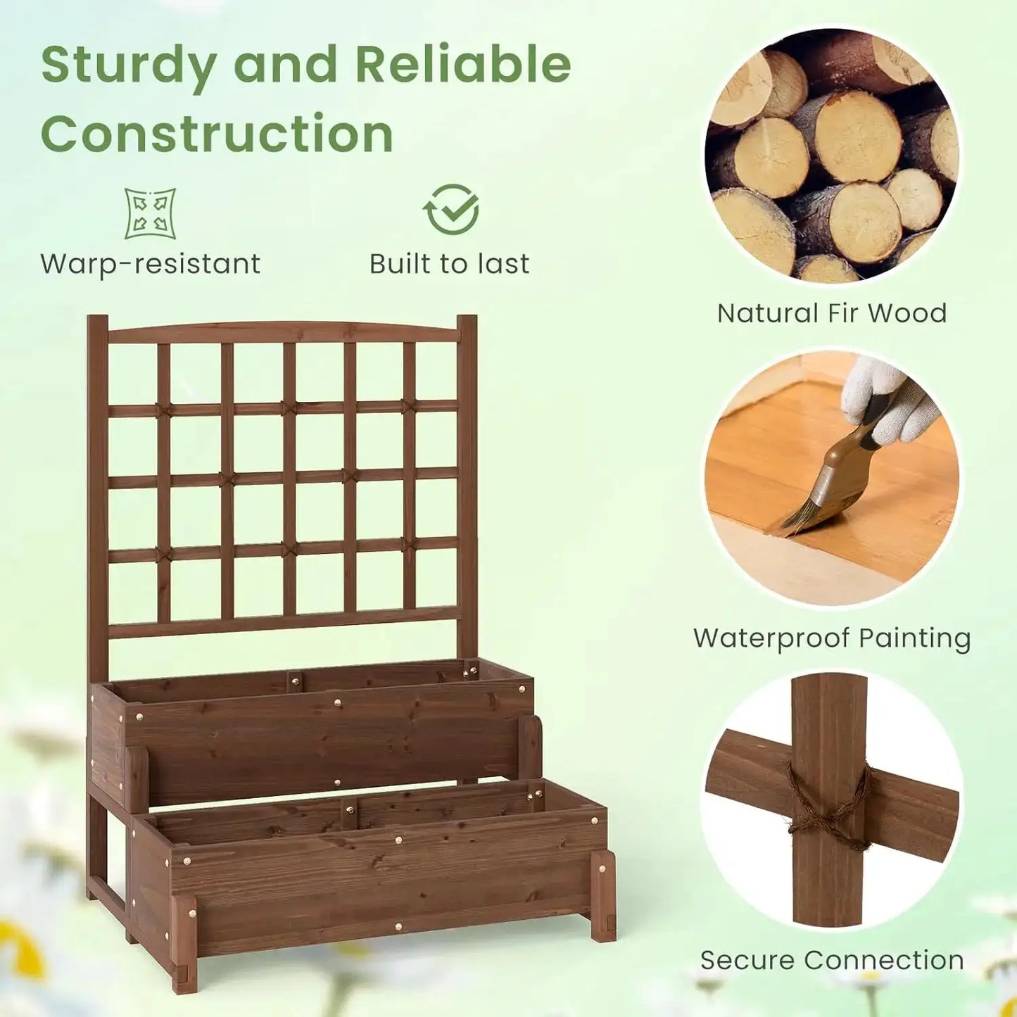 Outdoor Raised Garden Bed, Garden Planter Box with Lattice Trellis, Legs & Drainage Hole, 2-Tier Standing Elevated Plant from PriceLows™