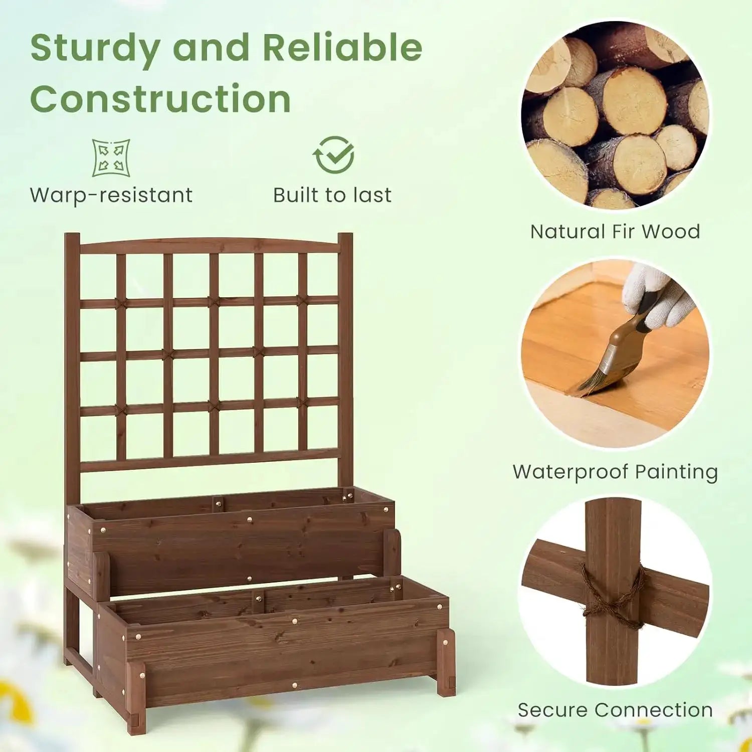 Outdoor Raised Garden Bed, Garden Planter Box with Lattice Trellis, Legs & Drainage Hole, 2-Tier Standing Elevated Plant from PriceLows™
