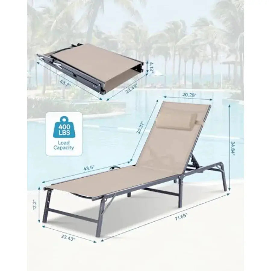 Outdoor chaise lounge chair for poolside, beach, patio use; khaki fabric; foldable, assembly-free design with cup holder, detac from PriceLows™