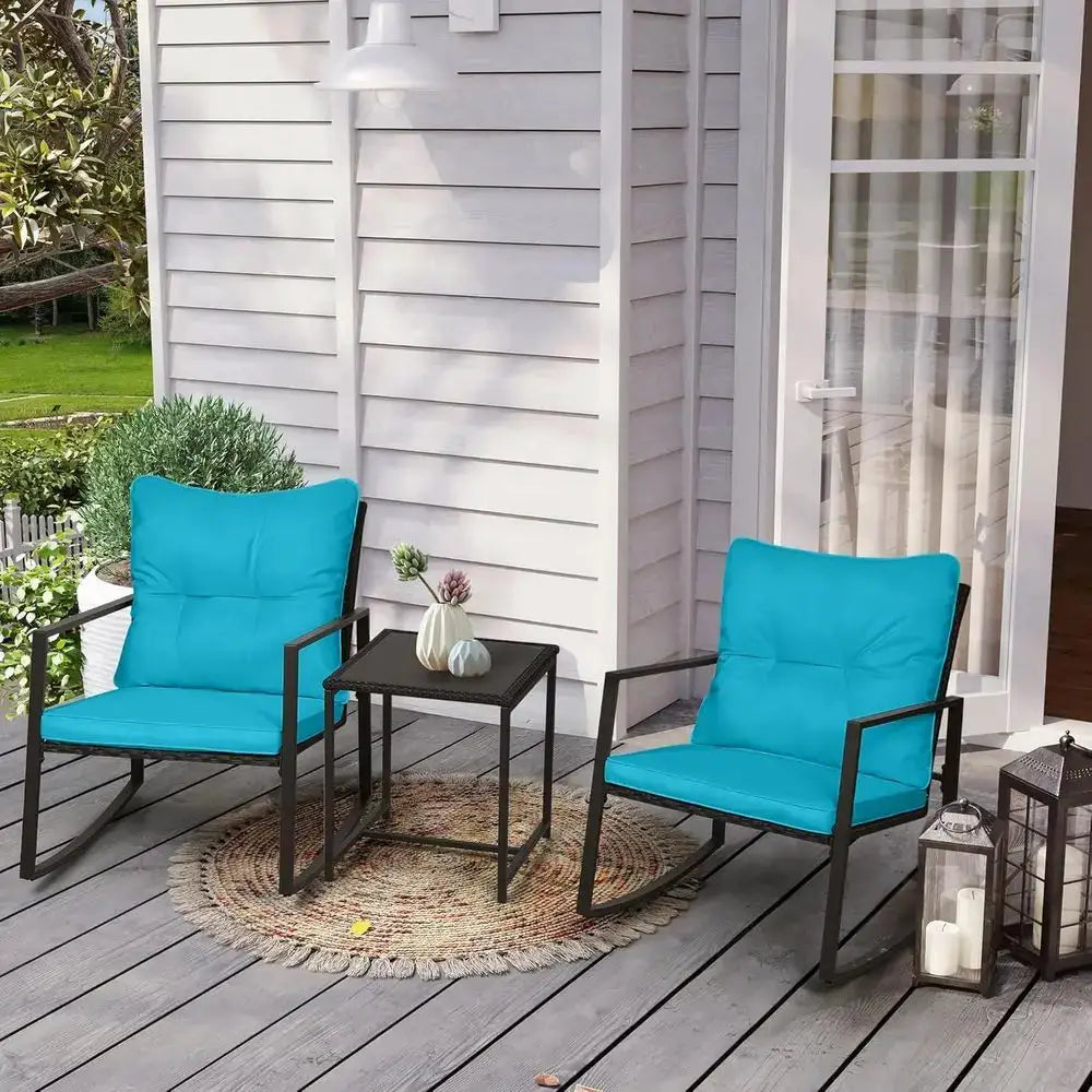 3-Piece Black Wicker Outdoor Rocking Bistro Set with Light Blue Cushions and Glass Coffee Table from PriceLows™