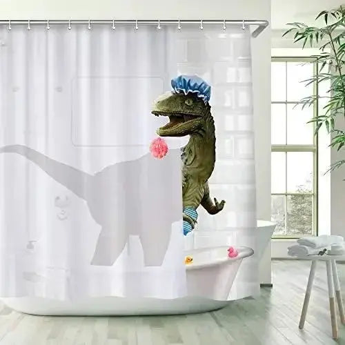Funny Cat Riding Dinosaur Shower Curtains Cute Animal Sea Waves Surfboard Creative Kids Bath Curtain Set Fabric Bathroom Decor from PriceLows™