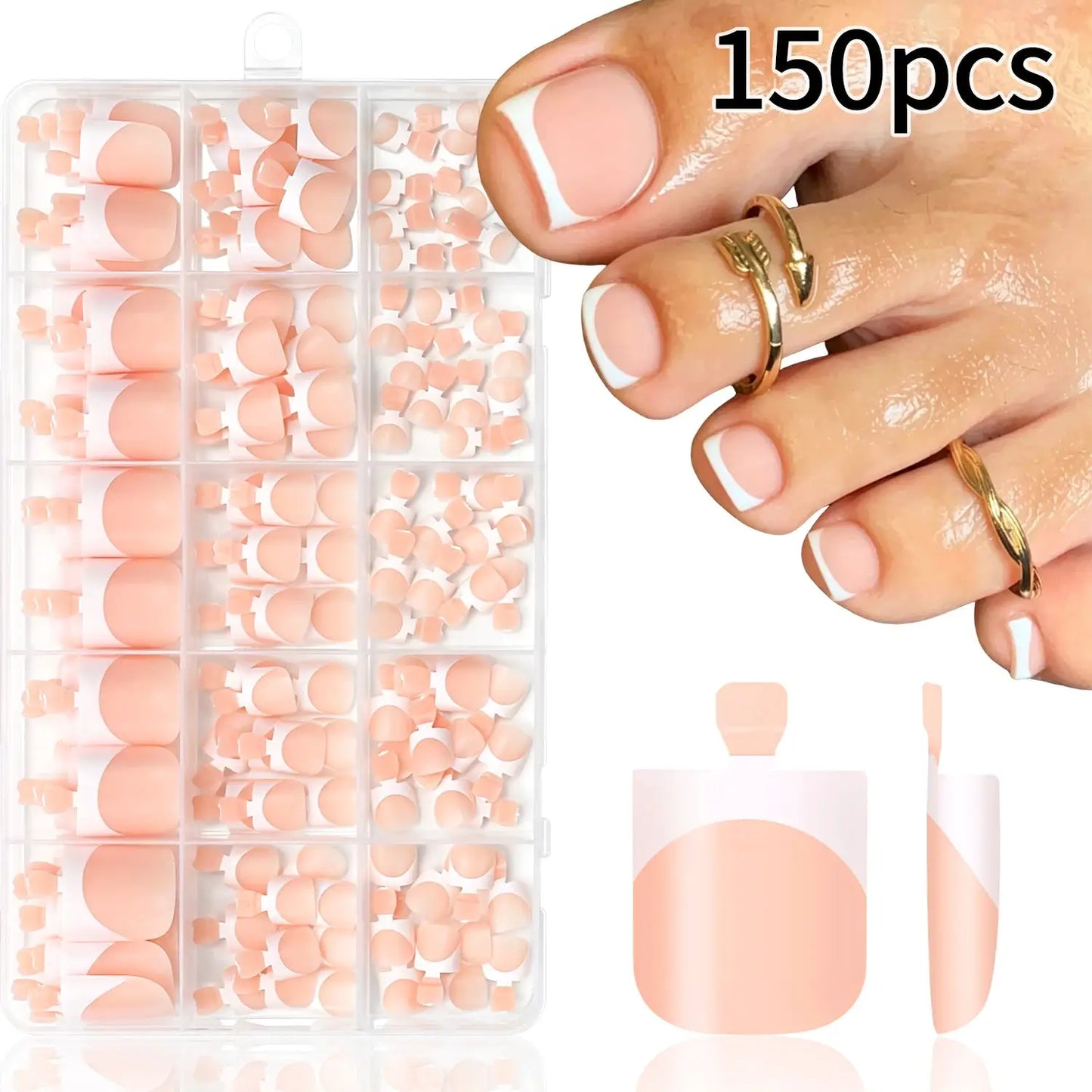 Press On Toenails | Short Square Shape | French White Tips | 150 Pcs Set