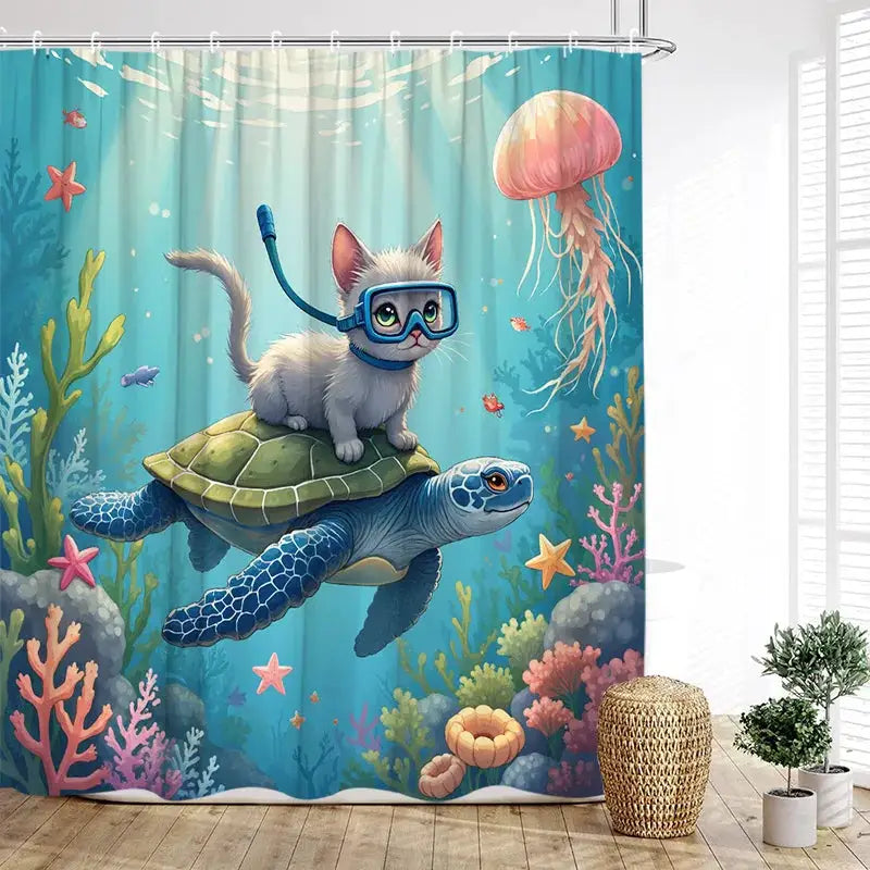 Funny Diving Cat Dog Shower Curtain Cute Cartoon Bathing Animals Sea Turtle Underwater Scenery Kids Bathroom Curtains Decor Set from PriceLows™