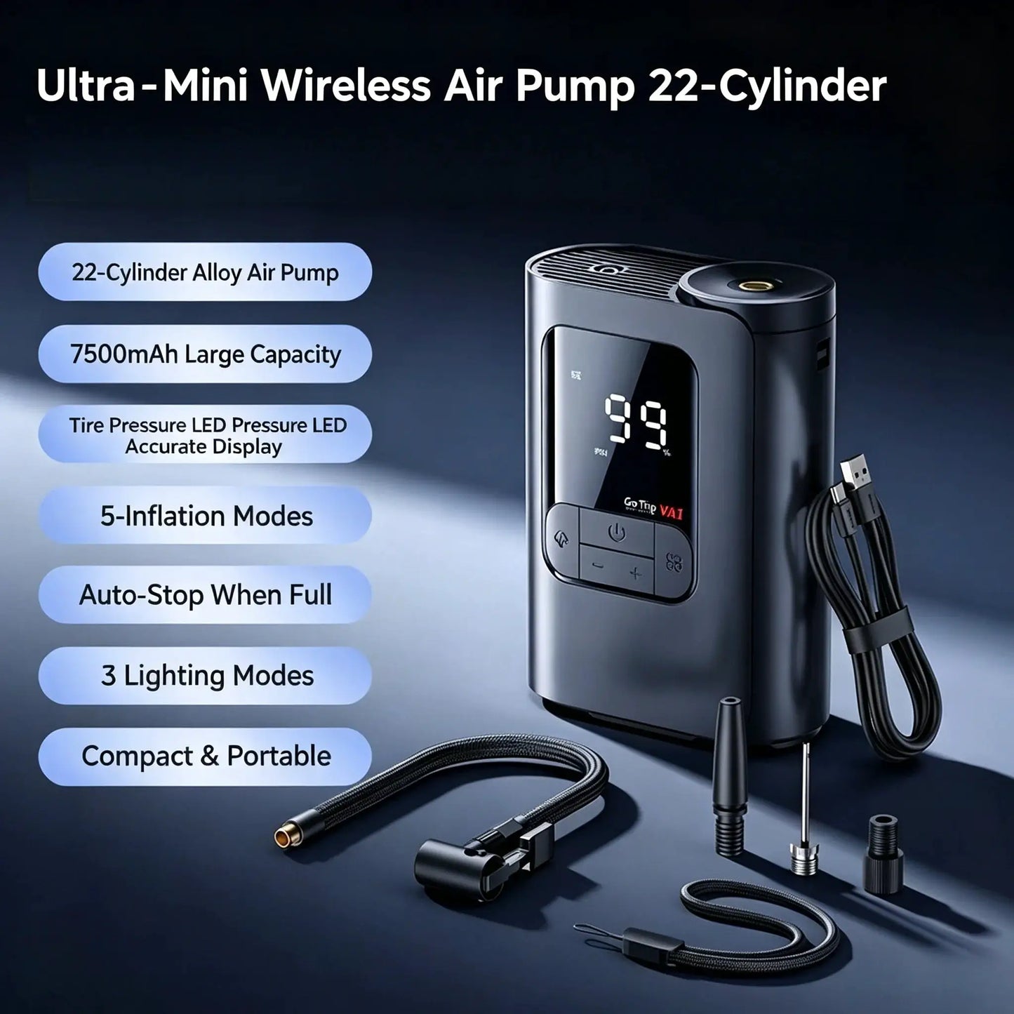 Portable Air Pump | 7500mAh Battery | Auto Stop, 5 Presets | Car/Motorcycle/Bike