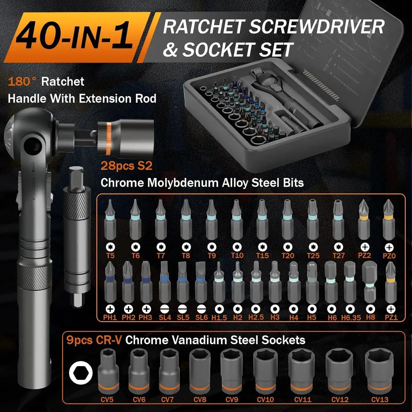 Galacok 40 in 1 Magnetic Ratchet Screwdriver Set, Multi-functional Wrench Set with 180° Adjustable Handle S2 Bits and Socket Set from PriceLows™