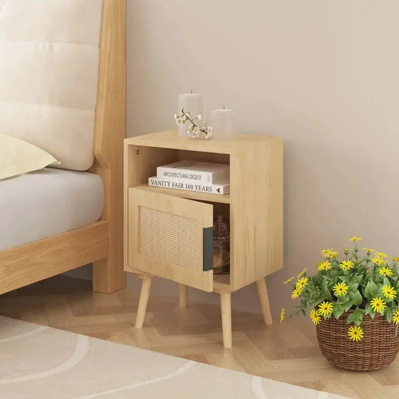 22.83'' Oak Wood Nightstand with Door and Open Shelf, Solid Wood Legs, Compact Bedroom Side Table for Dorm and Small Spaces from PriceLows™