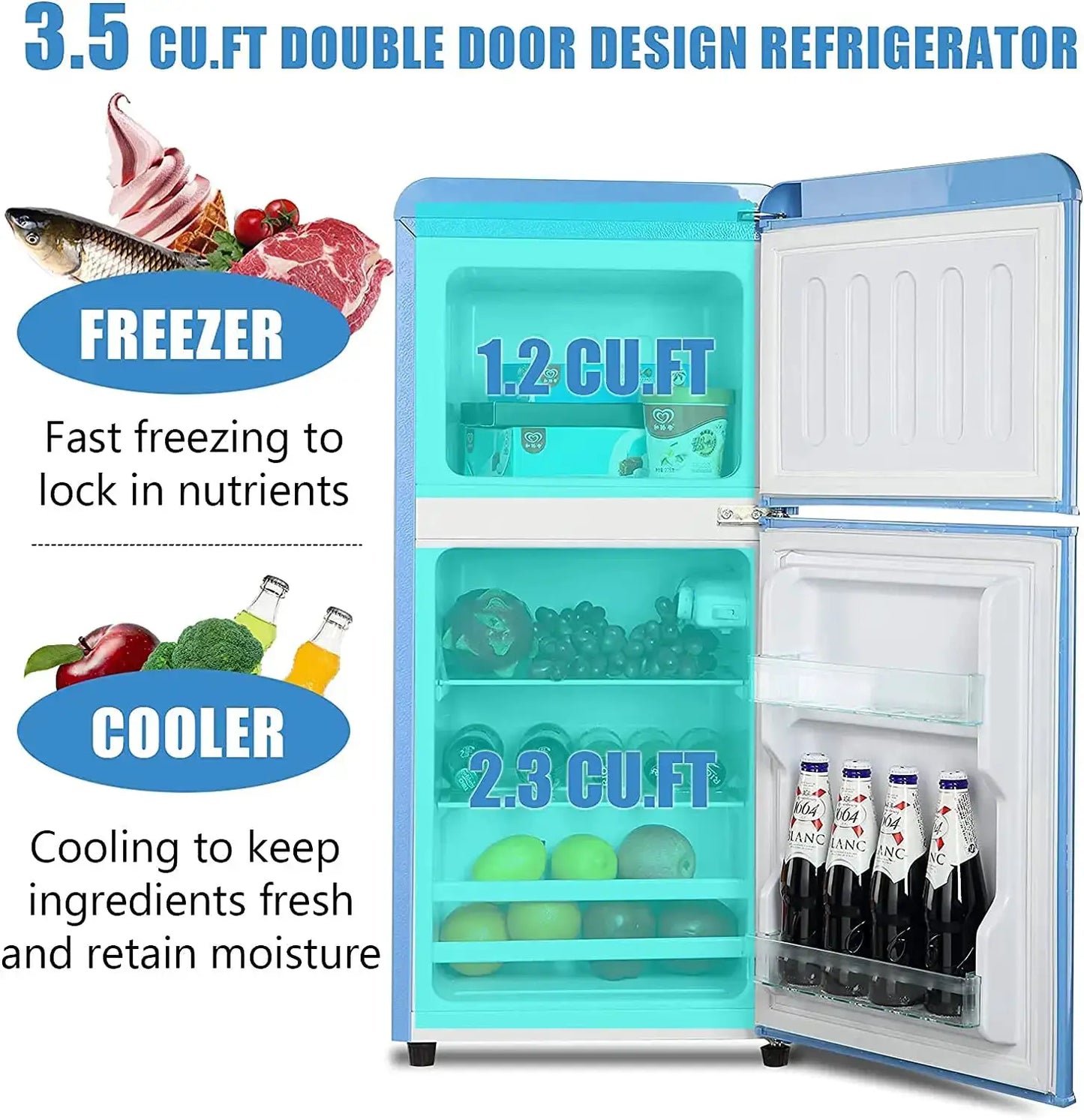3.2 Cu.ft Double Door Compact Refrigerator, Mini Fridge with Freezer, Retro Design Small Drink Chiller for Home, Office from PriceLows™