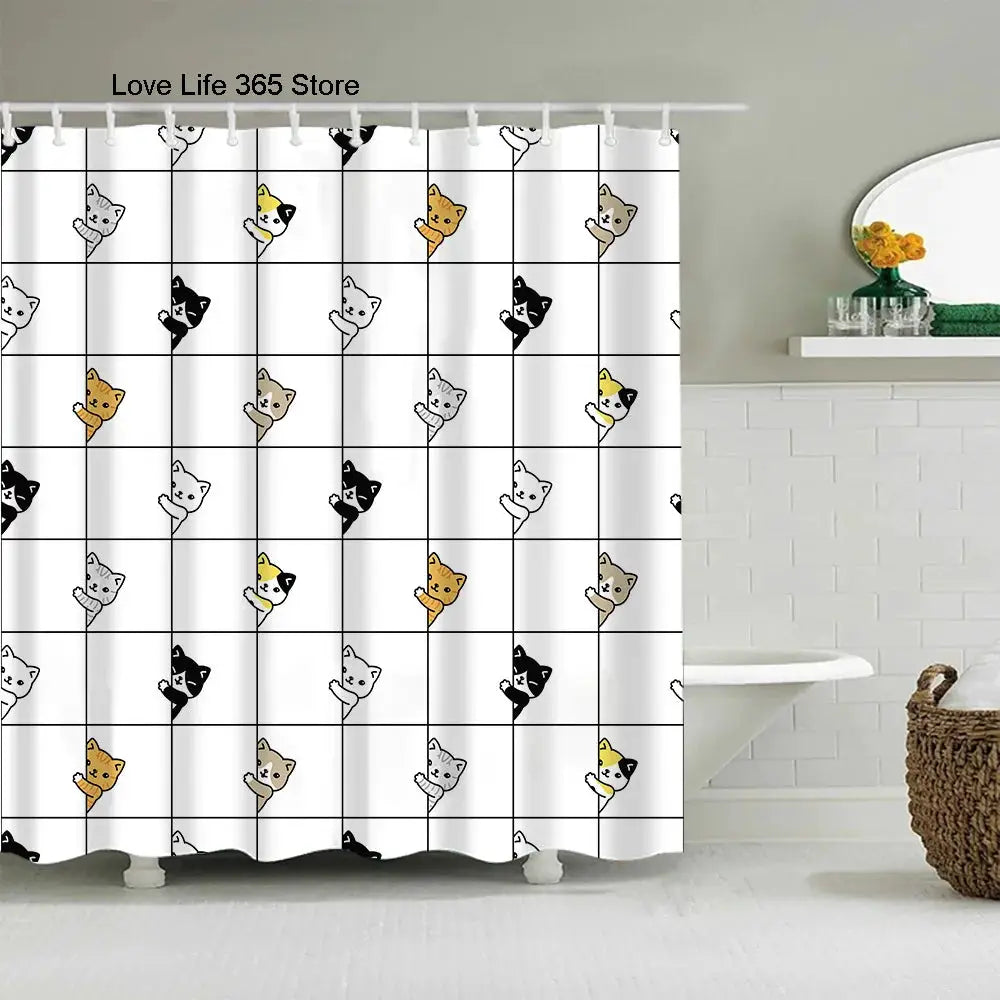 Puppy Cat Cute Cartoon Shower Curtains Washable Fabric Polyester For Bathtub Art Bathroom Decor Partition With Hooks Waterproof from PriceLows™